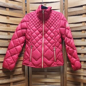 Michael Kors Red Diamond Quilted Puffer Jacket Women S Gold Nylon Down Feather